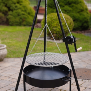 Grill trójnożny ze stali – komplet (trójnóg + palenisko + ruszt + łańcuch)